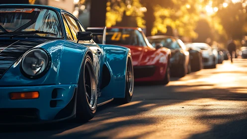 Widebody blue classic race car in golden hour street lineup