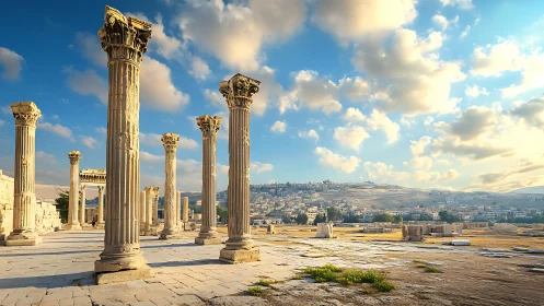 Sunlit Greco-Roman columns above a sprawling hillside city.
