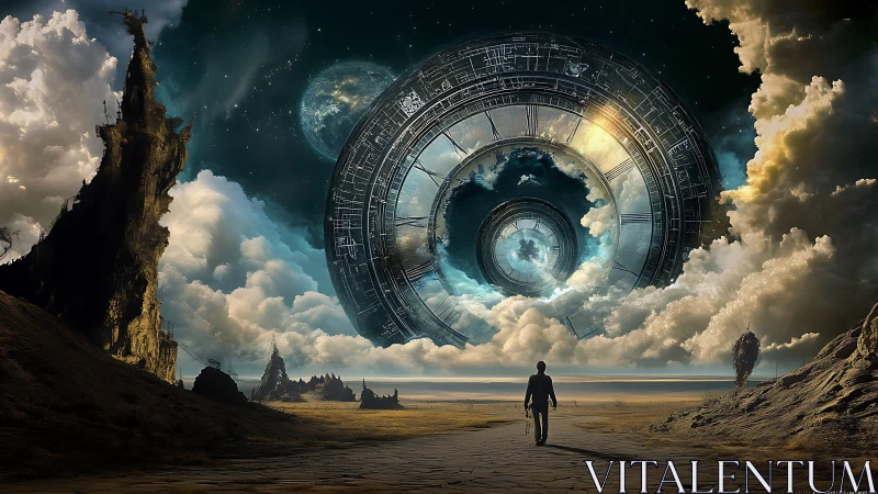 Colossal orbital time-gate hovering over desolate alien valley