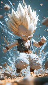 Stylized 3D chibi warrior in explosive ground-impact energy burst