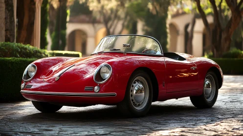 Red vintage roadster catches warm courtyard sunlight perfectly.