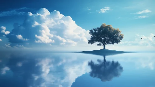 Solitary tree on small island reflected in calm blue water, surreal art.