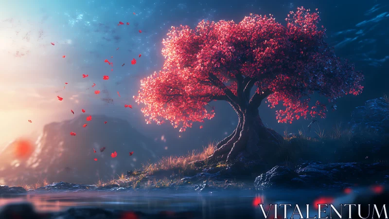 Red tree stands beside reflective water under twilight sky