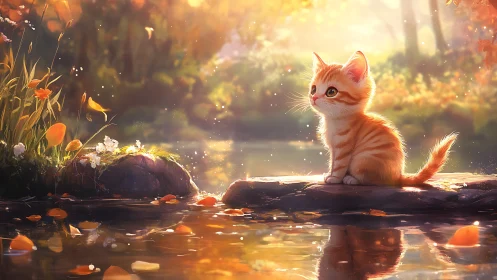 Orange Kitten in Golden Sunlit Forest Stream