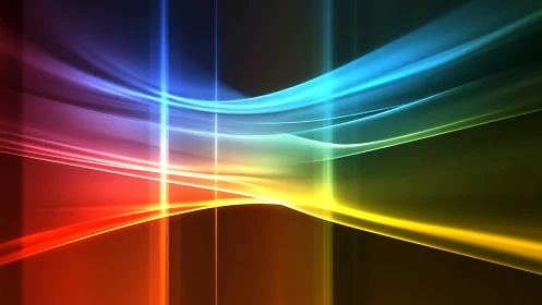 Prismatic light ribbons surfing across a smoky digital horizon.