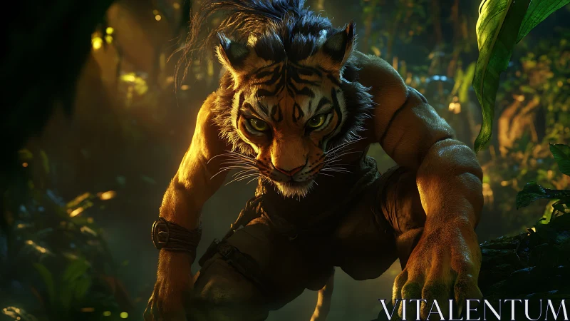 Anthropomorphic tiger warrior crouches in volumetric jungle light