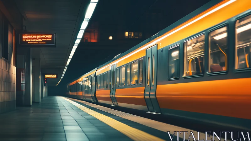 Midnight orange commuter train gliding through quiet station.