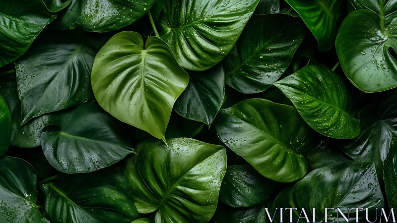 Tropical foliage macro captures glossy rain-kissed leaves.