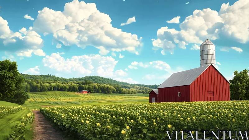 Red barn and silo beside crop field under scattered clouds.