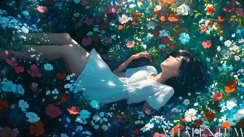 Girl in white dress resting serenely in luminous flower field.
