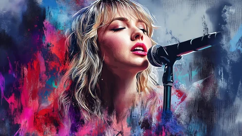 Digital portrait shows singer performing into a stage microphone