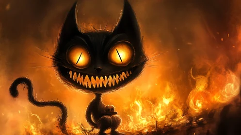 Sinister glowing-eyed black cat silhouette over infernal fire