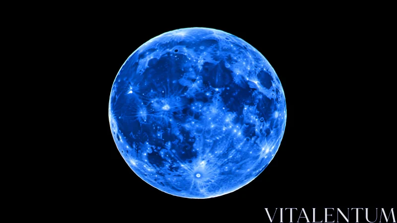 Blue-toned full moon with highlighted craters in space.