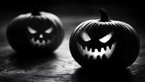 Moody monochrome jack-o&rsquo;-lanterns with dramatic side lighting.