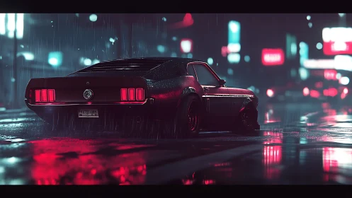 Classic muscle car idles in neon city rain at night