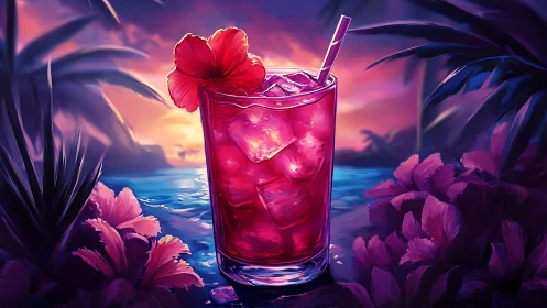 Glowing Tropical Cocktail with Flower Garnish at Sunset