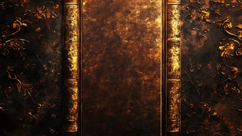 Antique leather book cover with embossed golden filigree surface.