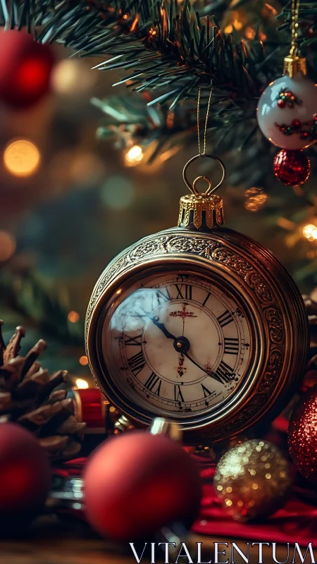 Ornate analog clock bauble amid bokeh-lit conifer branches.