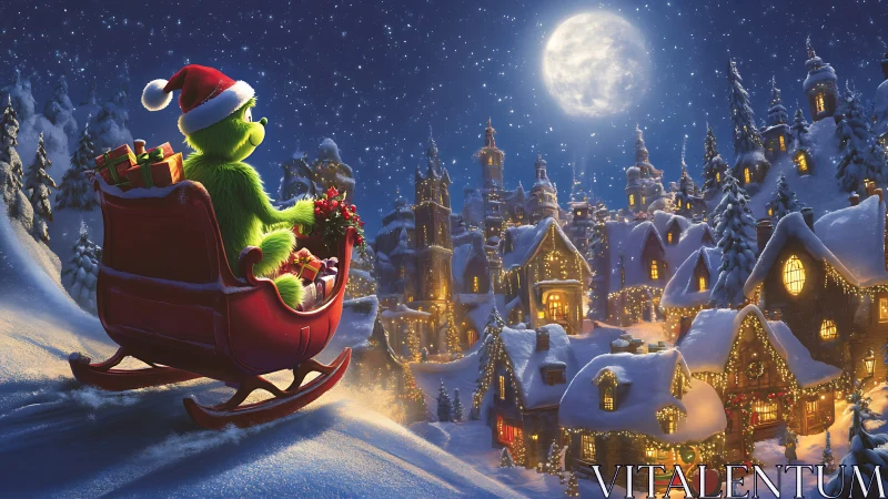 Whimsical green creature overlooking luminous snowy townscape.