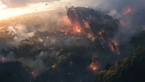 Cataclysmic Volcanic Eruption Over Forested Valley at Dusk.