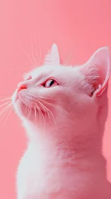 White cat against solid pink background looking upward