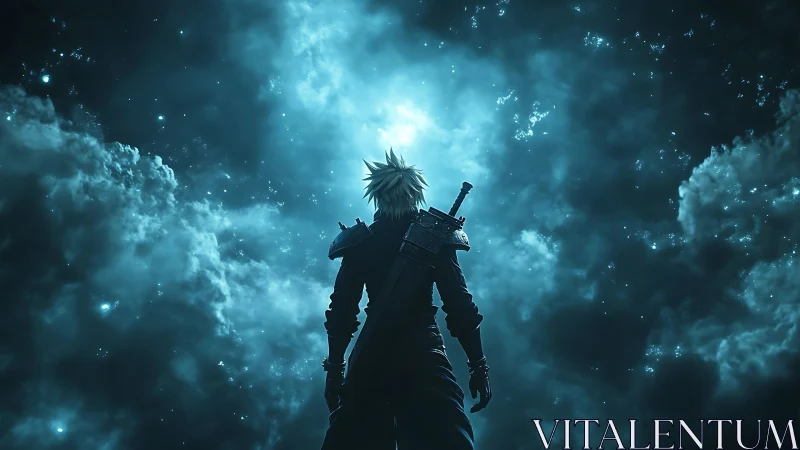 Lone sword wielder framed against glowing cosmic sky.