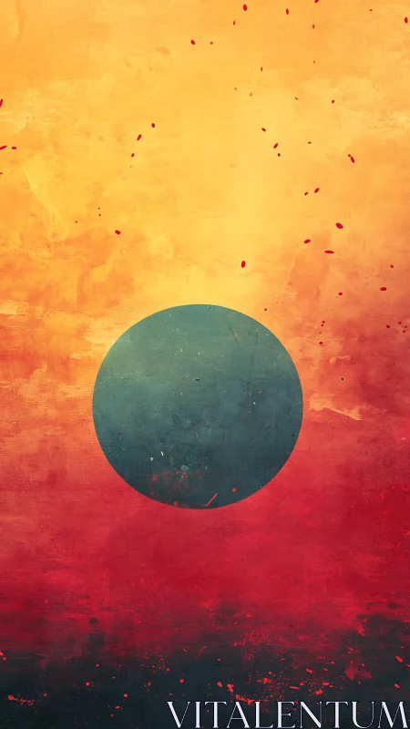 Solar eclipse orb against textured vermilion gradient field.