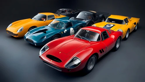 Heritage sports cars rendered in vivid studio lighting ensemble.