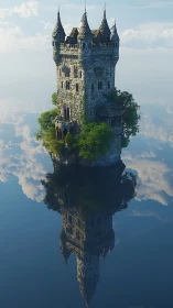 Isolated stone watchtower reflected on still mirror lake
