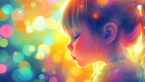 Child profile portrait set against vivid multicolor bokeh