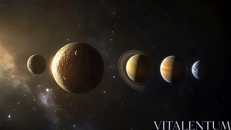 Digital lineup of diverse planets in deep cosmic space.