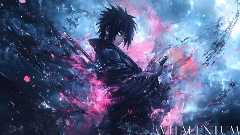 Stormforged swordsman ignites neon chaos in midnight sky.