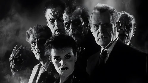 Shadowy horror ensemble gathers in dramatic monochrome glow