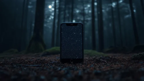 Smartphone glows with starry sky amid dark misty forest floor.