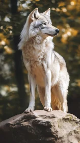 Lone wolf stands alert on rock, captured in warm forest light