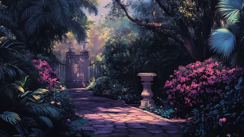 Stone path leads through dense garden to closed ornamental gate