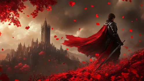 Crimson petals crown a lone knight before the stormed citadel