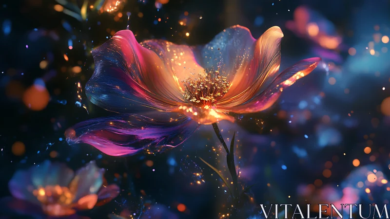 Luminescent Flower Form with Particle Effects in Darkened Environment