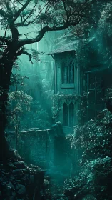 Misty overgrown gothic house beside deep forest ravine.