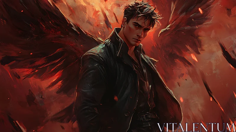 Fallen guardian in ember-lit sky, brooding yet unbroken.