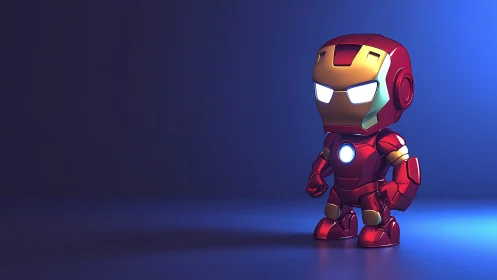 Chibi armored robot glows under vivid blue studio light.