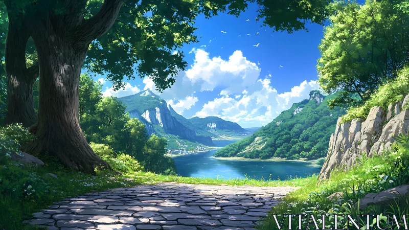 Sunlit stone path overlooks verdant lake and distant mountains