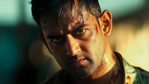 Battle-worn man stares ahead in golden, cinematic light