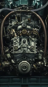 Intricate engine heart glowing with polished metal warmth.