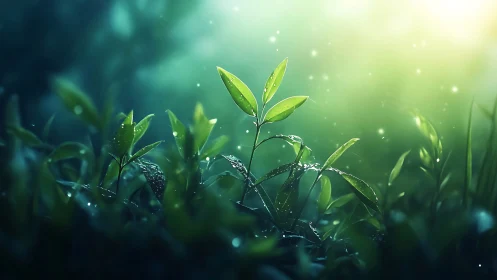Young green plant leaves in soft glowing forest light.