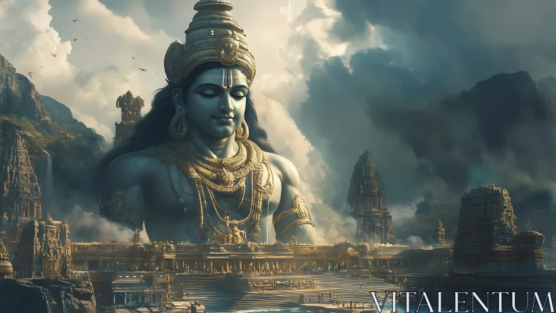 Colossal blue deity over ancient golden river temple complex.