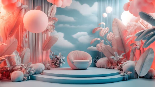 Pastel surreal lounge interior renders volumetric light gradients