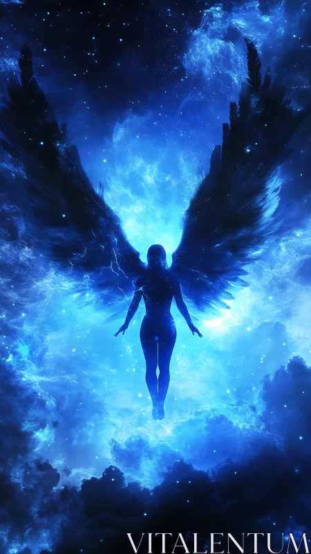 Silhouetted winged figure is centered within luminous nebula