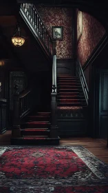 Dimly lit vintage staircase with red carpets and wood paneling.