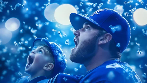 Father and child stare upward amid bright blue snowfall
